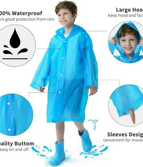 INFISPACE Kid's Reusable EVA Rain Poncho Raincoat| Rain Jackets Long with HoodEva Boys Blue C Color Raincoat pack of 1