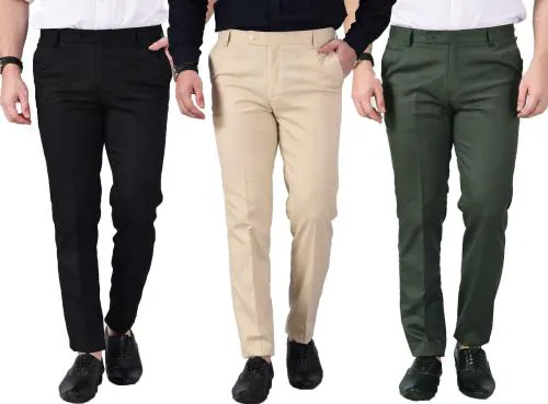 AD & AV Men Cream Solid Synthetic Pack Of 3 Formal Trousers