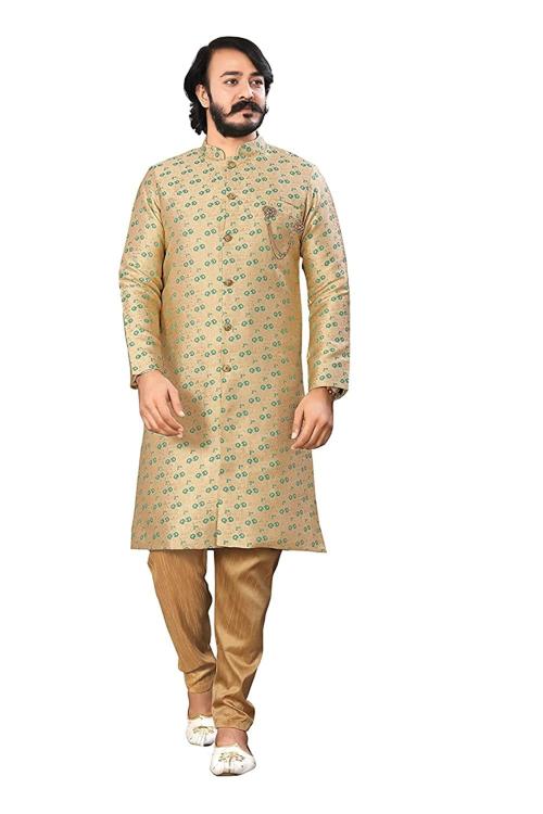 Amzira Men Gold and Green Jacquard Indo Western Sherwani Set - XL