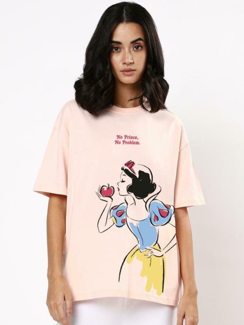 Bewakoof Women's Pink No Prince, No Problem Graphic Printed Round Neck Short Sleeve Oversized T-shirt