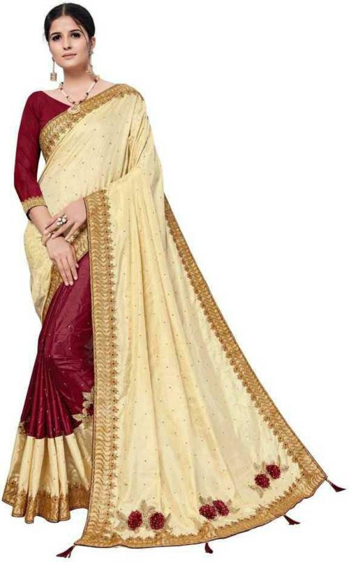 IKHAJANA Women Cream Embroidered Silk Blend Saree