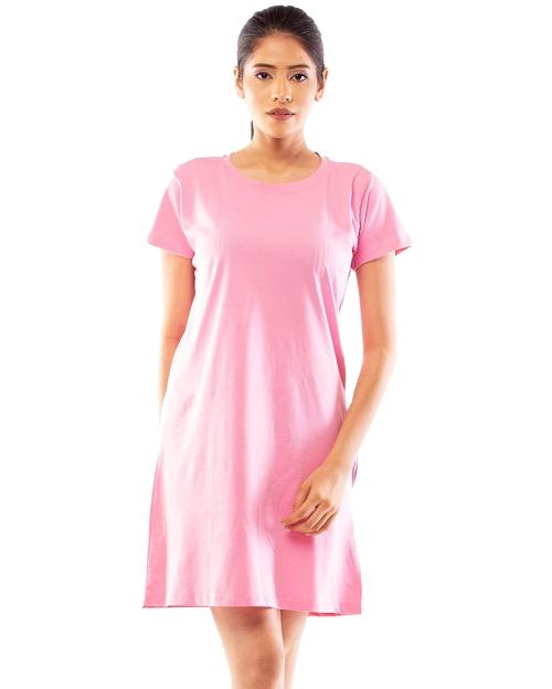 Lappen Fashion Women Baby Pink Solid Cotton Knee Length Tee Dress - S