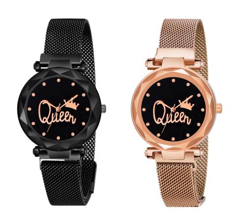 KIARVI GALLERY Black and Rose Gold Queen Dial Analog Magnetic Strap Combo Watch For Women And Girls ( Pack Of 2)