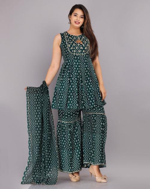 VINIRA Women Dark Green Printed Viscose Rayon Kurta and Sharara Set - L