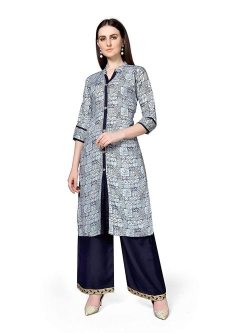 Pranjal Women Light Blue Rayon Kurti With Palazzo (Light Blue)_XL