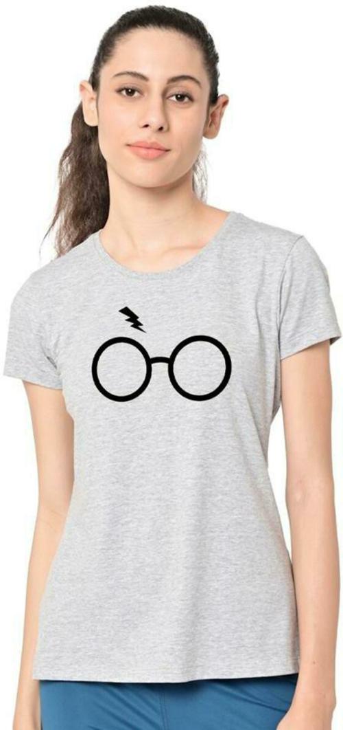 DE TEES Women Grey Printed Pure Cotton Tshirt (M)