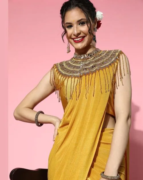 Chhabra 555 Pre-Draped Mustard Lycra Saree with Mirror Embellished Tassled Necklace Style Cape
