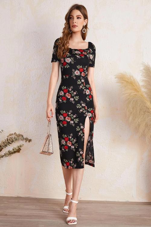 Clothzy Women's Black Color Square Neck Half Sleeve Lycra Dress