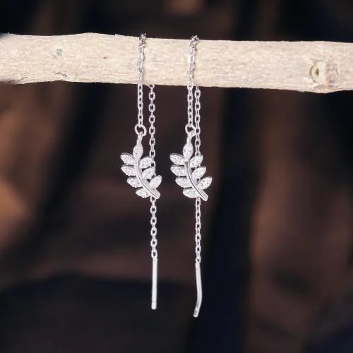 DEESSA 925 Sterling Silver Leaves Threader Earrings with White Cubic Zirconia - Rhodium Plated, Elegant Gift for Women | Birthdays, Anniversaries, Valentine's Day | with Authenticity Certificate