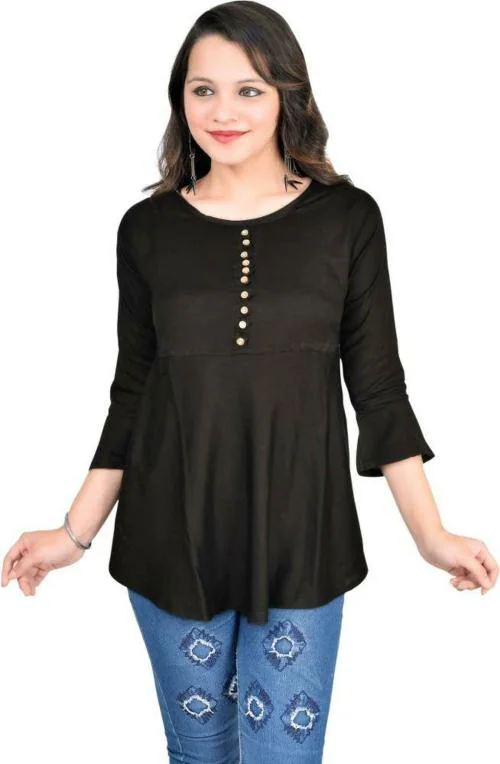 Fikroo Girls Black Self Design Cotton Blend Top 12 - 13 Years