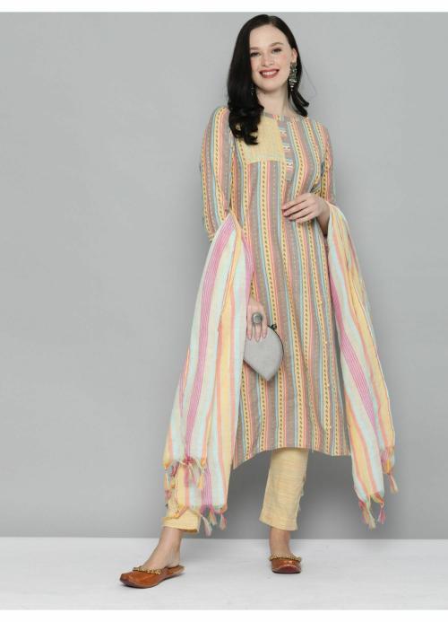 KVSFAB Women's Yellow Handloom Cotton Unstitched Dress Material