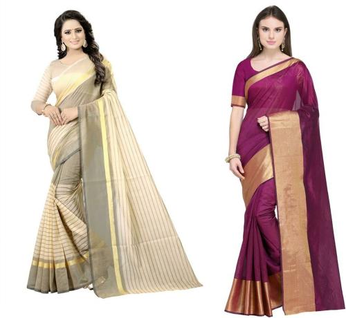 SUALI Women Black Geometric Cotton Silk Pack Of 2 Saree