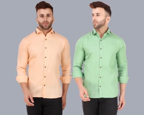 Allan Peter Men Orange and Green Solid Pure Cotton Casual Shirt-Pack of 2