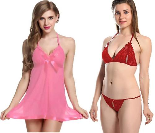 Iyaracollection Women Pink Solid Net, Lace Bra And Panty Set