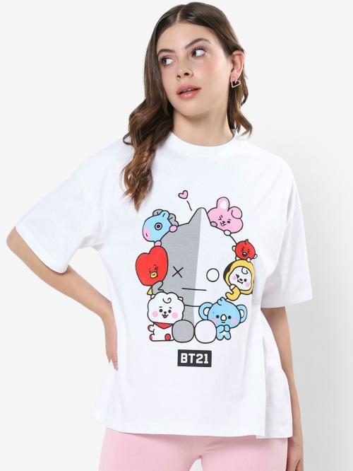 Bewakoof Women's White BTS Graphic Printed Round Neck Short Sleeve Oversized T-shirt