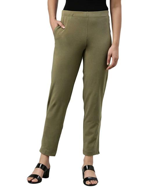 Go Colors Women Olive Cotton Pants (L)