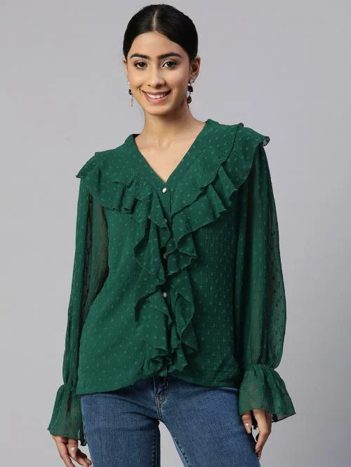 Pluss Women Green Self Design Polyester Casual Bell Sleeve Top