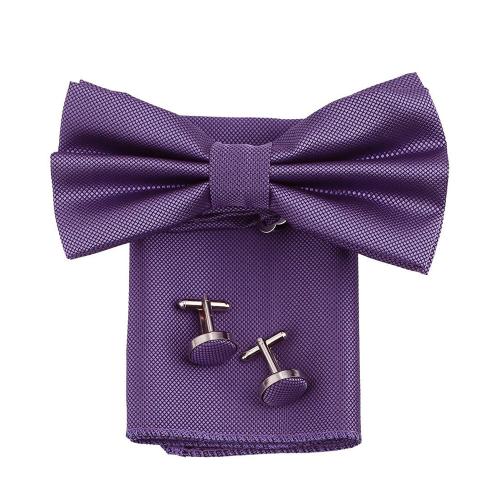 FOBHIYA Microfiber Butterfly Bow Tie with Pocket Square & Cufflinks Set - Purple