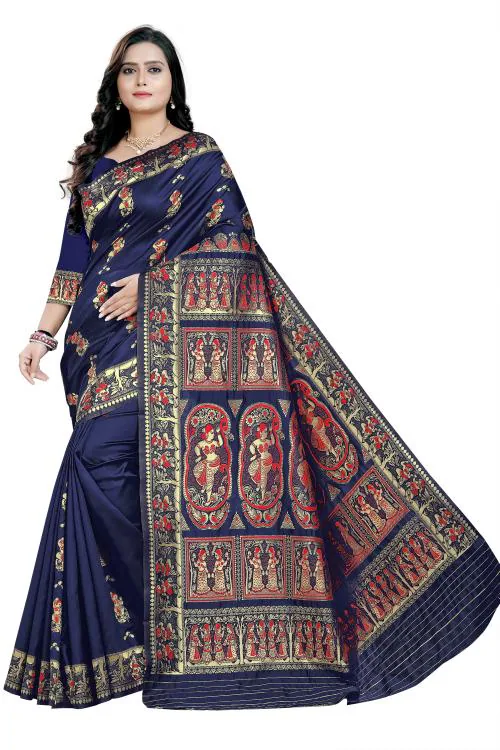 Rivana Women's Woven Tussar Silk Baluchari Silk Saree Bengal Origin with Blouse Piece