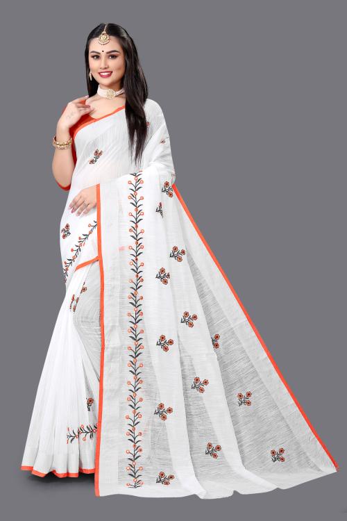 Jay Shree Womens Embroidered Cotton Linen Saree Orange