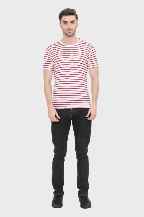 CLOTHINK HUBMen's Regular Fit Half Sleeve Solid Casual Wear Round Neck T-shirt With Maroon Striped