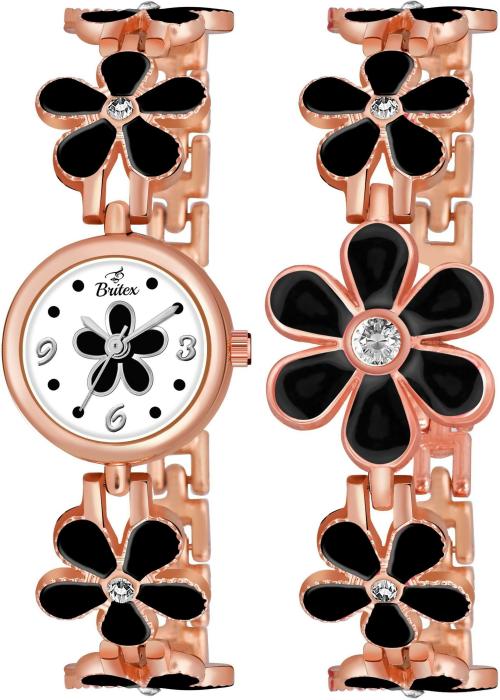 BRITEX Analog Black, White Dial Rose Gold Strap Watch For Women (BT8078+Bracelet)