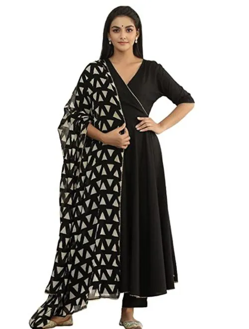 SANGOURI Women's Rayon Solid V- Neck 3/4 th Sleeve Flare Anarkali Kurti with Dupatta