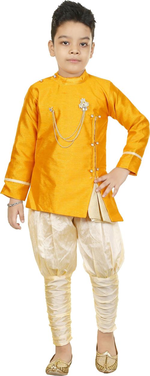 SFC FASHIONS Boys Yellow Solid Art Silk Kurta and Churidar Set