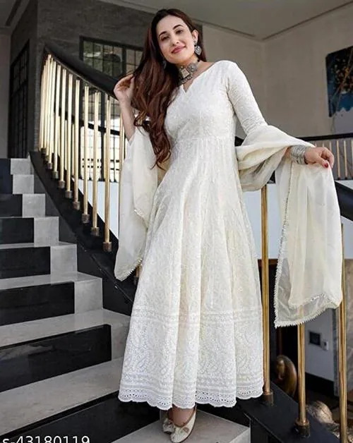 Gun Laxmi Women;s Cotton Febric Mirror Work Anarkali Style Kurta With Dupatta