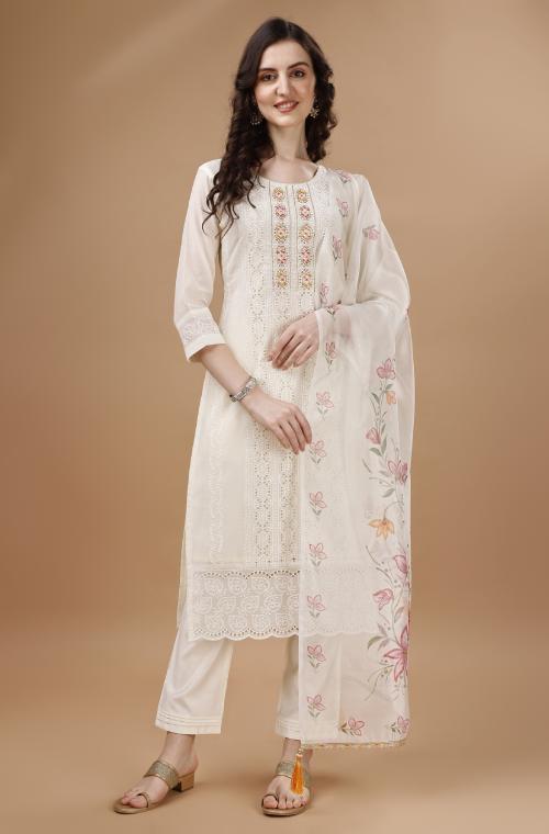 MOJILAA Women's Off-White Chanderi Silk Bored Schiffli Embroidered Chikankari Kurta With Pant & Dupatta