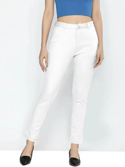 AJ Brothers Women White Solid Lycra Blend Regular Fit Trousers (30)