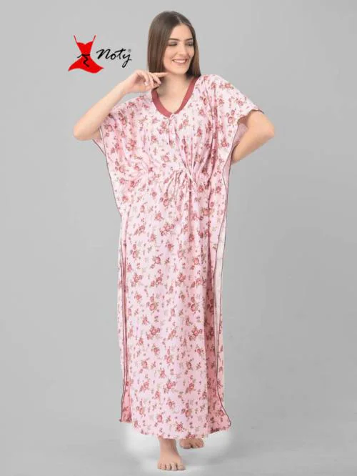 Noty Women's- Kaftan/Nighty/Maxi/Gown- Hosiery-Knits Fabric- V-Neck Floral Print (Soft Pink, Free Size)