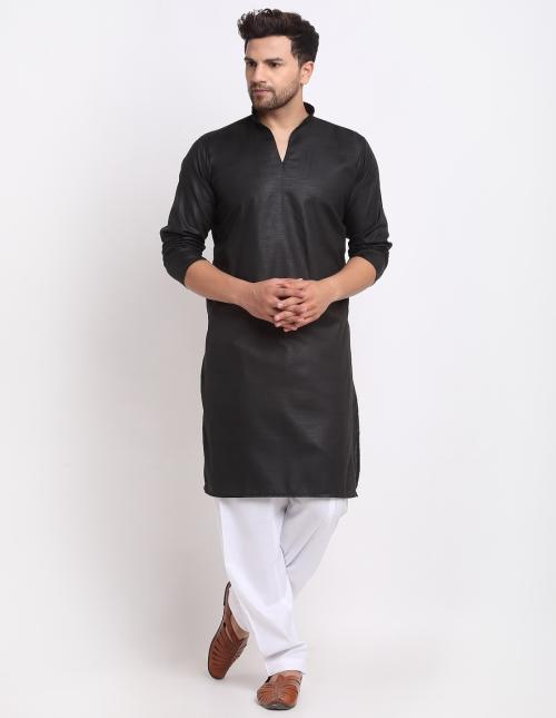 Benstoke Men's Black & White Cotton Pathani Kurta With Salwar Set
