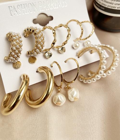 Vembley Combo 9 Pair Stunning Gold Plated White Pearl Hoop Earrings