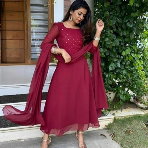 PANTH Creation Fashion Women's Georgette Solid Pattern Full Sleeve Full Stitched Gown with Dupatta | Color -Red | Size - XXL
