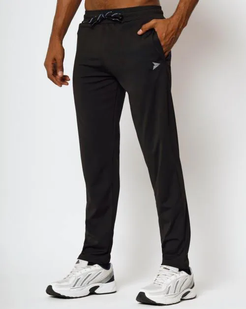 FITINC Black Men's Stretchable Track Pants with 2 Zipper Pockets - Slimfit Lower for Workout & Casual Wear