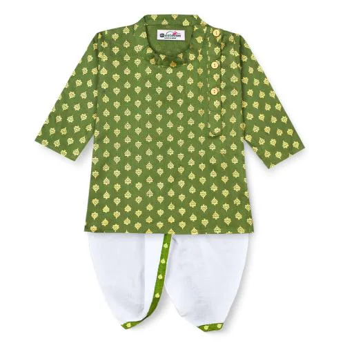 mustmom Full Sleeve Cotton Ethnic Dress Kids Lungi Dhoti Kurta Set for Baby Boy Green