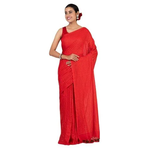 Qadri Weaves Women's Cherry Red Striped Khadi Saree