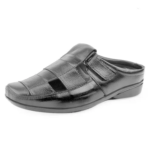 OLKRANT Men's Black Genuine Leather Velcro 100% Pure Leather Party wear formal office Casual Clog Type Sandals (Highly Comfortable) 10