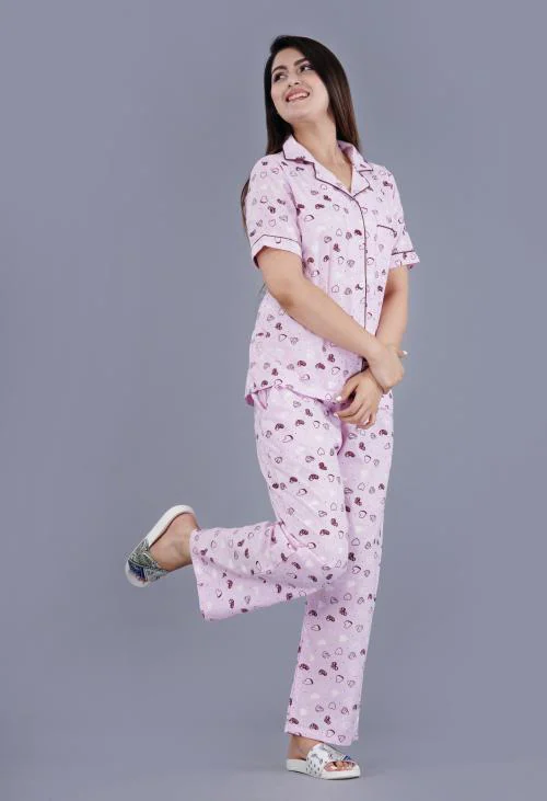 Mintmarie Women's Printed Rayon Pink Nightsuit Shirt & Pyjama Set-S