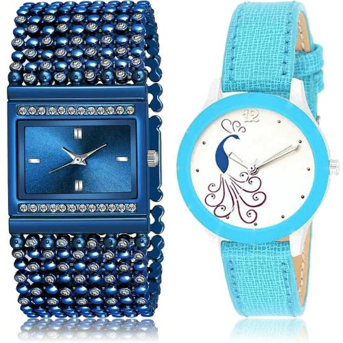 NEUTRON Best Diwali Chain Bracelet Diamond And Peacock Blue Colour Analog Metal And Genuine Leather Belt 2 Watch Combo For Women And Girls - G588-G272