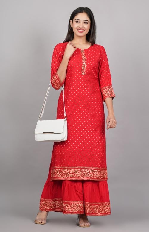 MF Hayat Women Rayon Polka Dot Printed Kurta And Sharara Set
