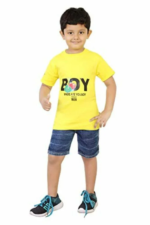 HIZUME Boys Yellow Printed Cotton T-Shirt with Denim Half Pant Combo Set - 4-5 Y