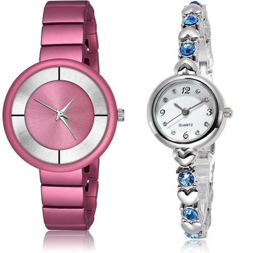 NEUTRON Latest Style Simple Chain And Stone Pink And Silver Colour Analog Metal And Stainless Steel Belt 2 Watch Combo For Women And Girls - G634-G454