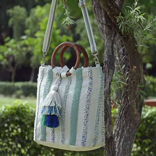 Anekaant Boho Natural & Multi Striped Jacquard Cotton Acrylic Handheld Bag