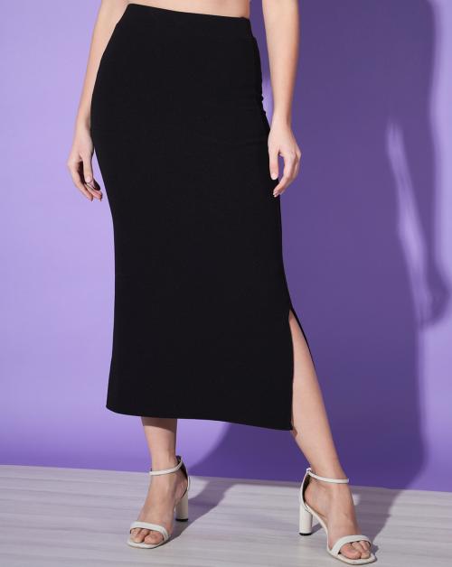 BuyNewTrend Black Solid Below Knee Slit Women Pencil Skirt | skirt for women | skirt for women