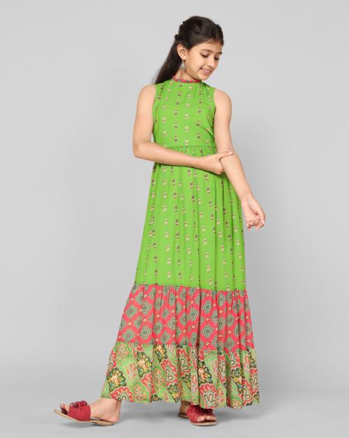 Fashion Dream Girls Parrot Printed Georgette Dress | Dresses | Kids Wear | Girls Dress | Kids Dress | Dress | Dresses For Girls | Maxi Dress | Kids Girls Dress | Tiered Dress