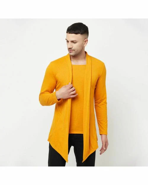 GLITO Solid Mustard Full Sleeves Shawl Collar Cardigan For Men's