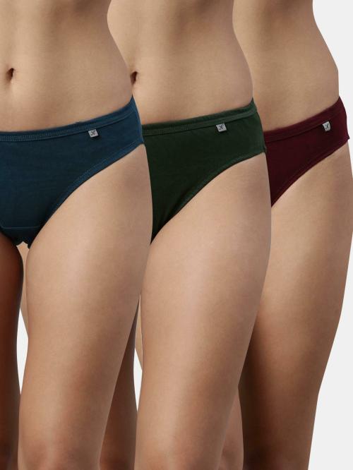 Kryptic Women Pack Of 3 Green Teal Solid Cotton Bikini Briefs