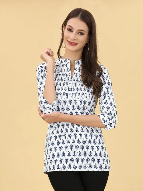 VUBA Women Pure Cotton 3/4th Sleeves Floral Printed White Tunic Top - 2XL